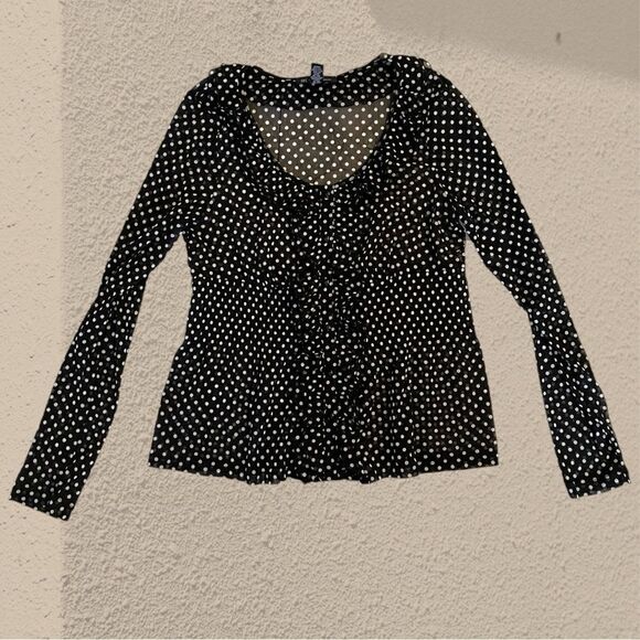 Black and white polka dot mesh ruffled blouse - Picture 6 of 9